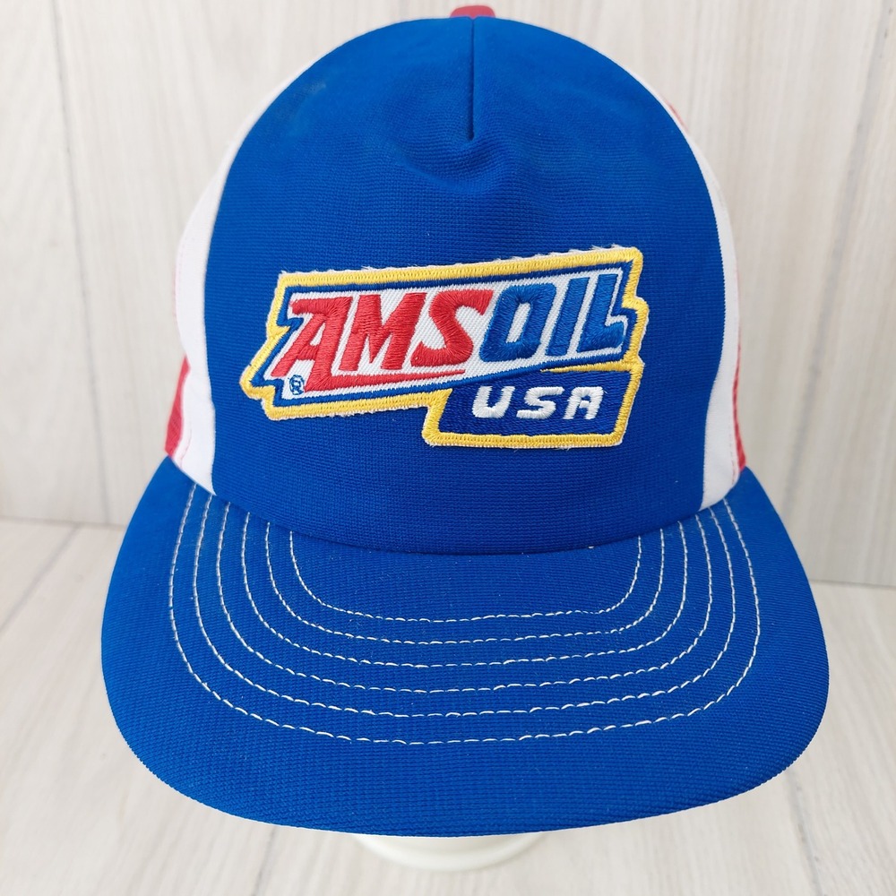 Amsoil Trucker Hat Mens OSFA Blue Red White Vintage Made in USA Snapback Mesh‎